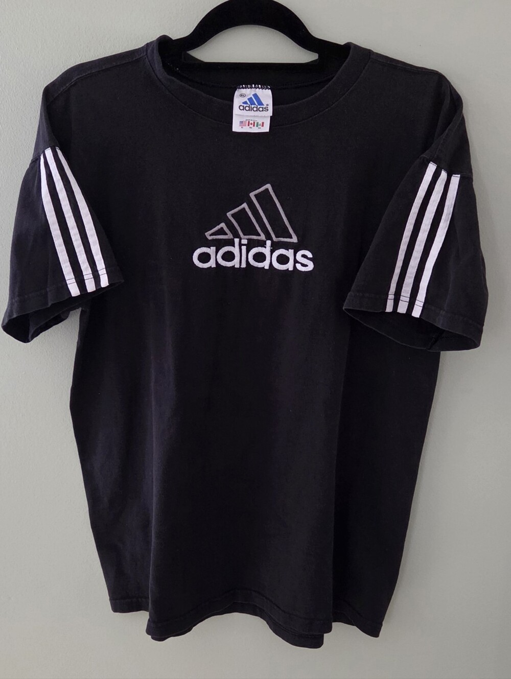 VTG 90s Adidas Made in USA Embroidered Center Mountain Logo T-Shirt Black XL